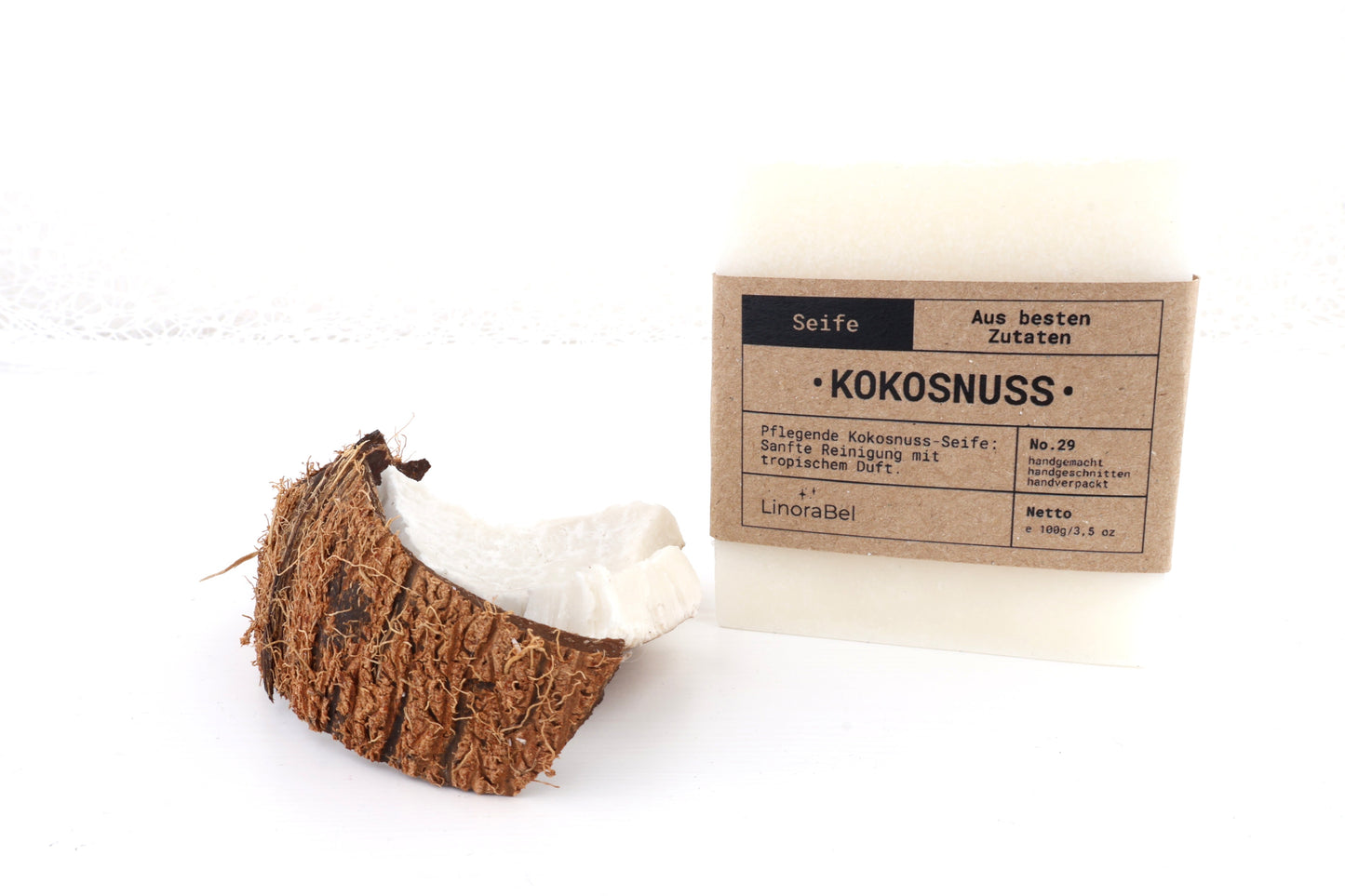 Kokosnussseife - mit anteiligen Bio-Zutaten: Kokosmilch und Kokosöl, vegan, 100g