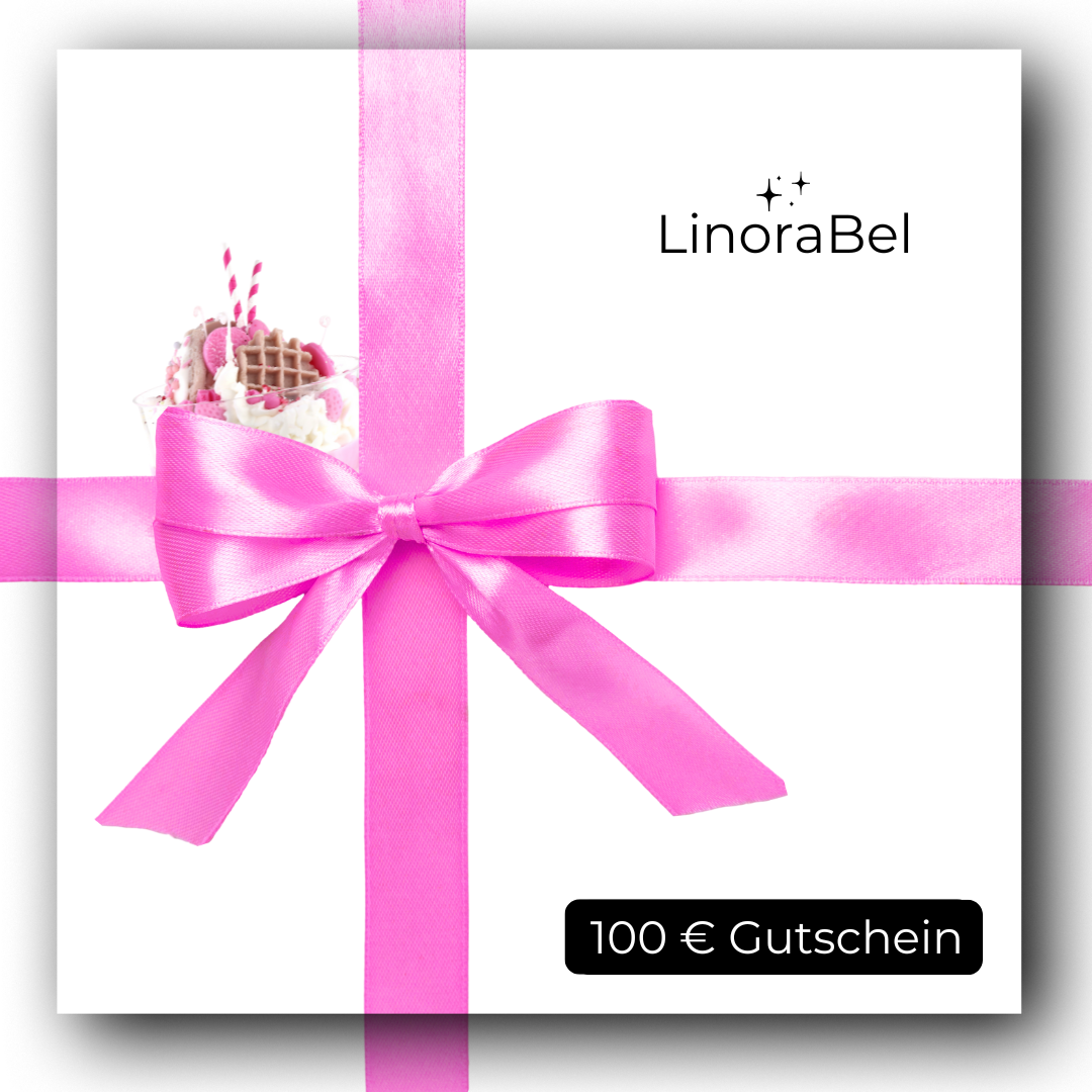 Stilvoller LinoraBel 100-€ Geschenk-Gutschein mit pinker Schleife und Deko-Dessert – ideal für kreative Deko- und Duftgeschenke.