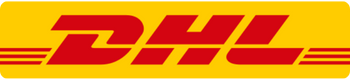 Gelber Banner mit markantem roten DHL-Logo – dynamisches Symbol für schnellen Versand und internationale Logistik