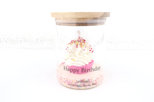 Vegane Happy Birthday Dessertkerze im Glas mit Holzdeckel, Cupcake-Design, bunte Streusel, handgemachte Qualität.