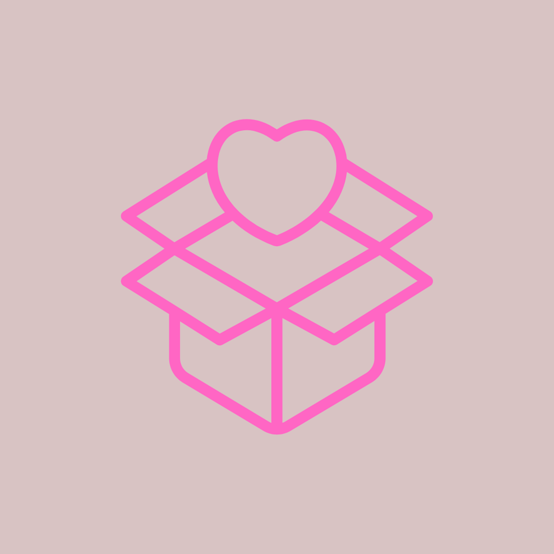 Pinkes Icon mit offenem Paket und Herzsymbol – steht für liebevolle Verpackung, Geschenkideen und hochwertige Handmade-Produkte.