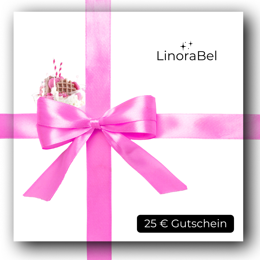LinoraBel 25-Euro Gutschein mit pinker Schleife und süßer Dessertdeko – perfekte Geschenkidee für Deko- und Duftliebhaber.