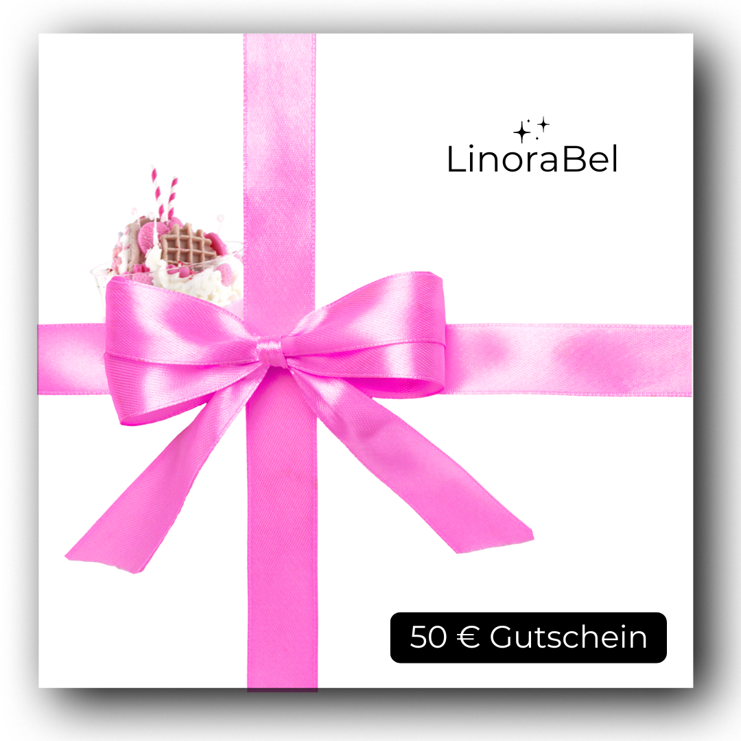 Eleganter 50-€ LinoraBel Gutschein mit rosa Geschenkband und Dessertmotiv – ideal für Geburtstage, Feste und Deko-Fans.