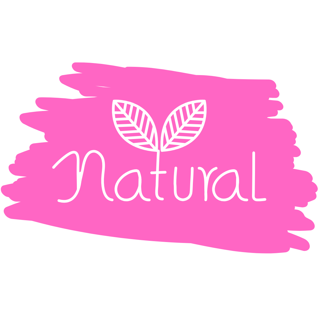 Pinkes Icon mit weißem natural Schriftzug und zwei filigranen Blattmotiven, Symbol für Natur, Bio und handgemachte Produkte.