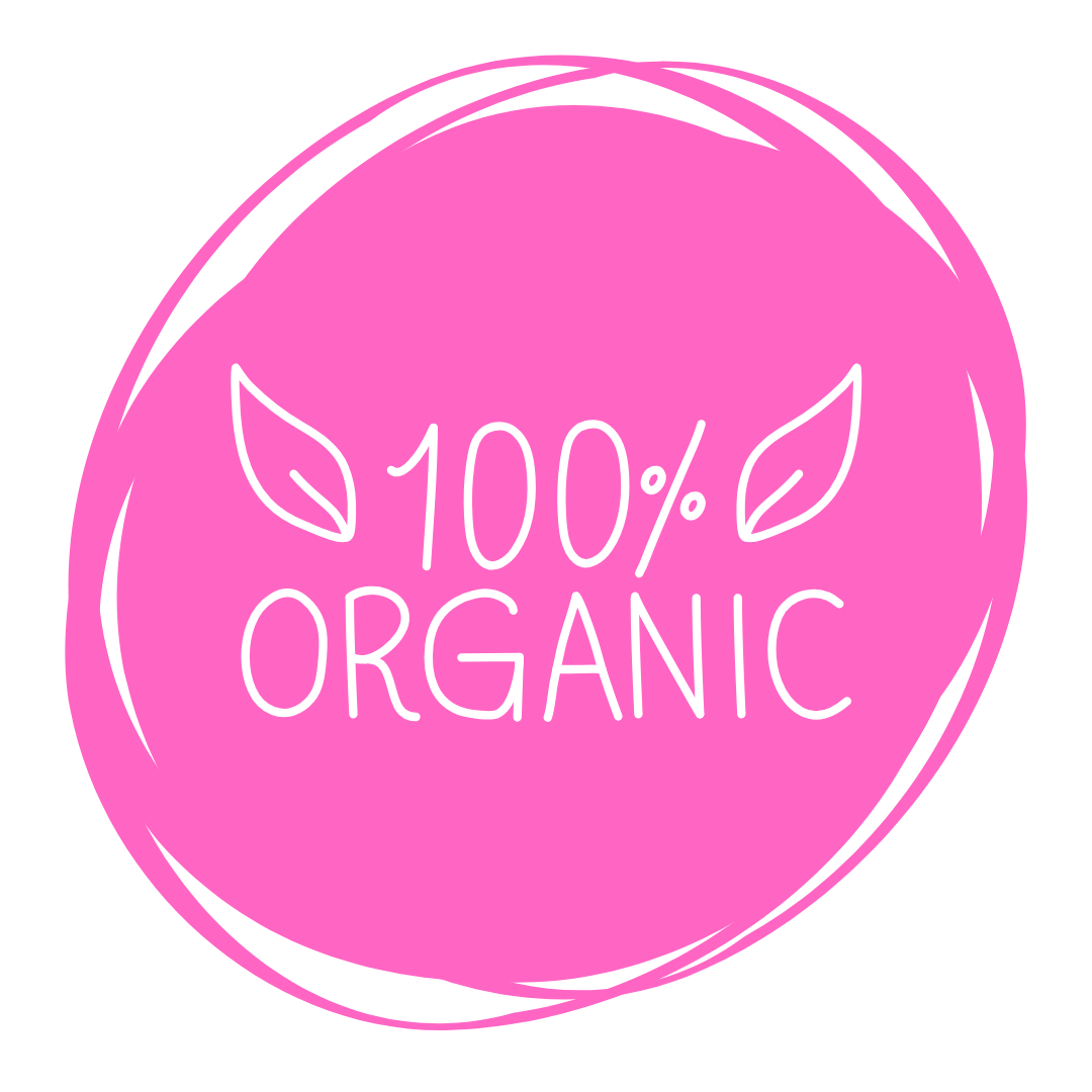 Pinkes rundes Organic Icon mit weißem 100 Prozent Organic Schriftzug und zwei Blattmotiven, ideal für Bio, Natur und Handmade Branding.