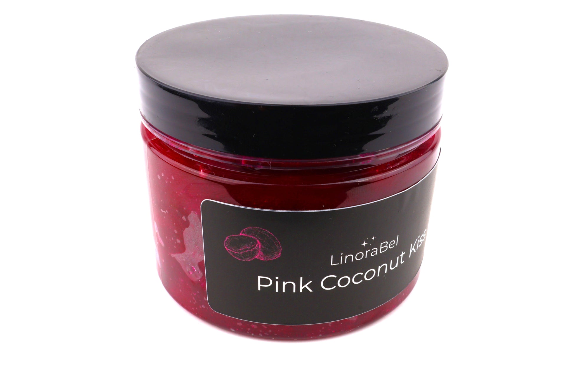 Pink Coconut Kiss Body Peeling im Gefäß, tiefpinke, körnige Textur, schwarzer Deckel, modernes Label, 100% Bio, vegan.