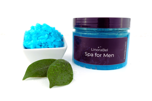 Spa for Men Body Peeling im Tiegel, intensive blaue Textur, maskulines Design, aus 100% Bio Zutaten, vegan, handgemacht.